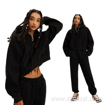 Autumn fleece thickened leaky navel hooded sweatshirt set